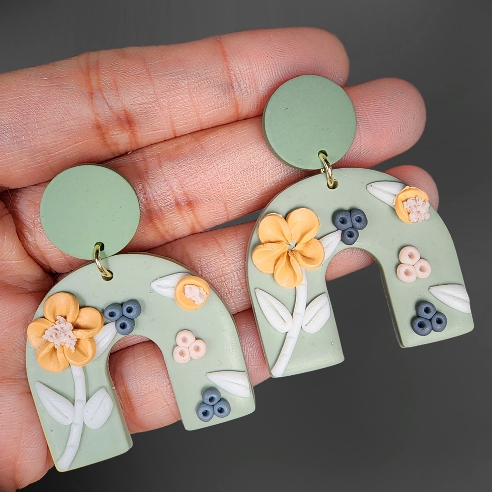 Boho Chic 3D Polymer Clay Earrings Handmade Bohemian Floral Green